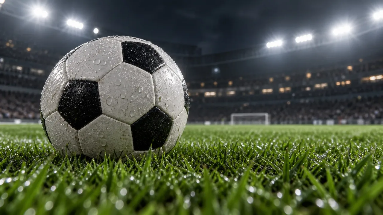 Fußball auf nassem Rasen unter hellem Stadionflutlicht