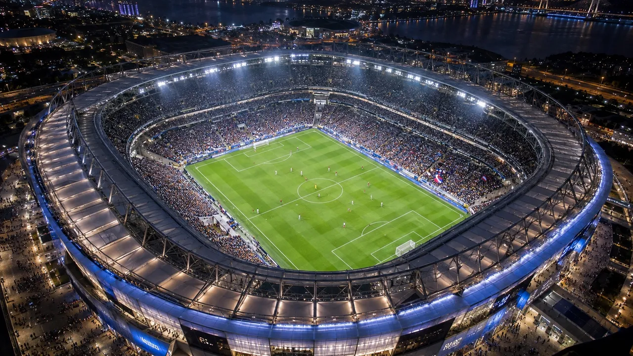 Modernes Fußballstadion aus der Vogelperspektive