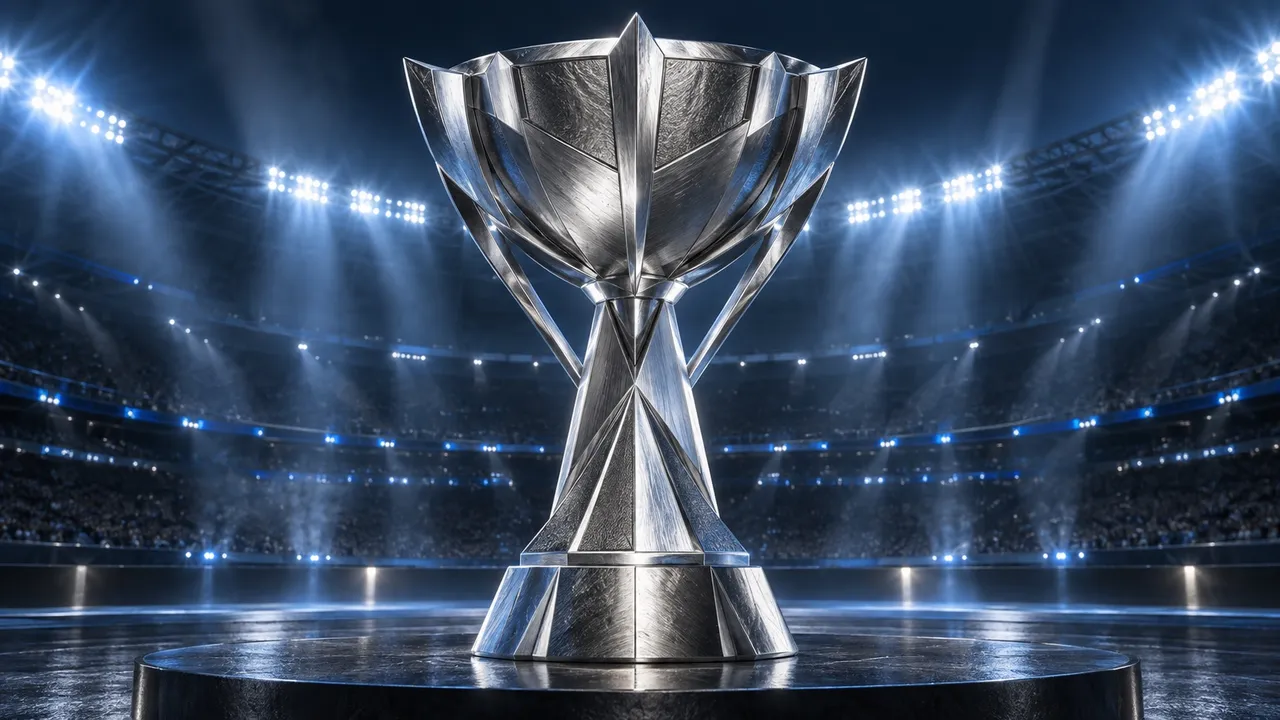 Silberner Pokal unter blau-weißem Flutlicht